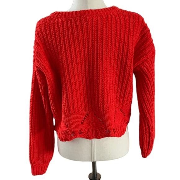 Ayla Ruby bright red chunky knit crewneck sweater cropped size s small - Picture 2 of 7